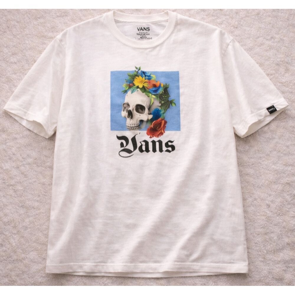 Vans Skull Flower Graphic Tee Mens Large White Gothic Skate Streetwear